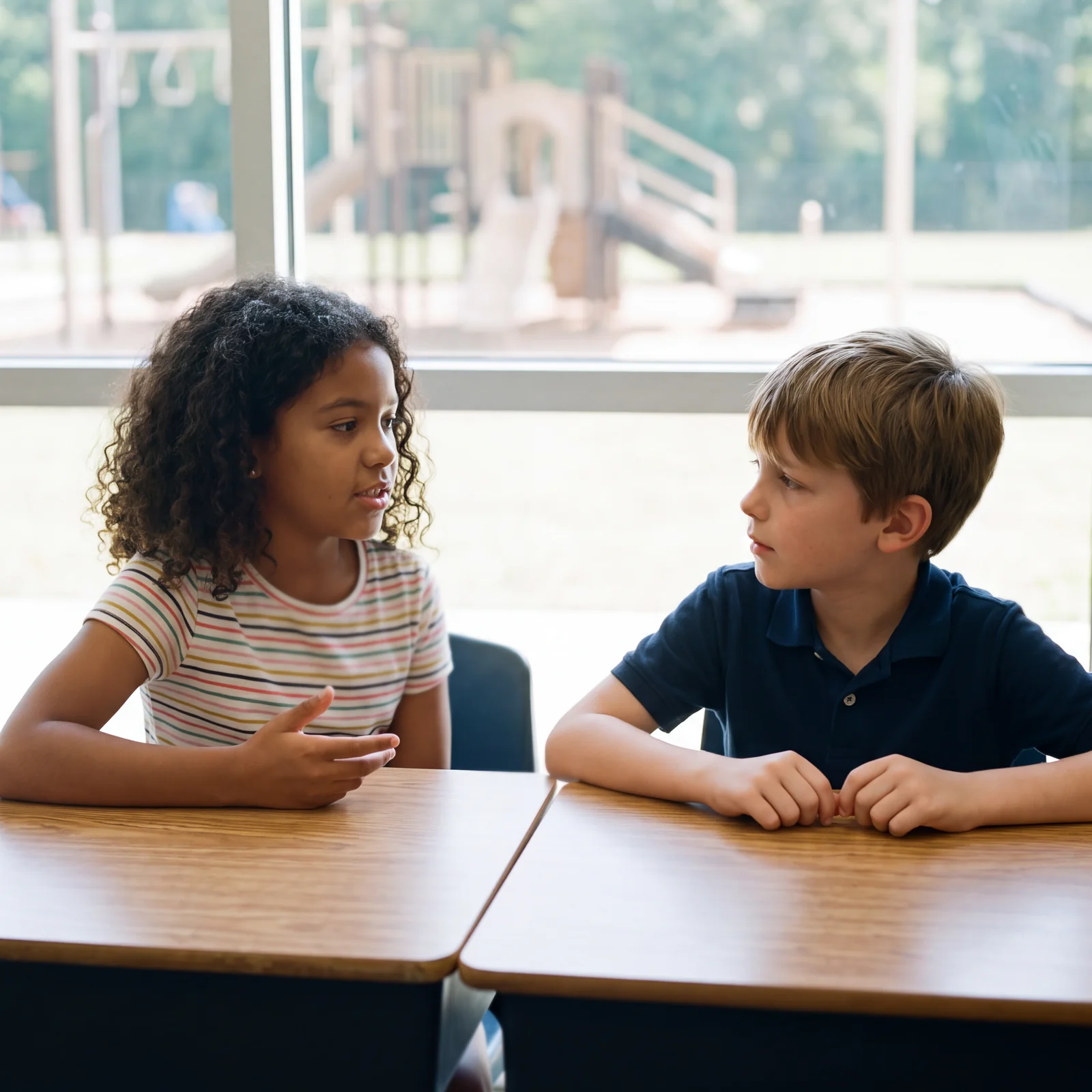 Two students sit at their desks and talk, one listening closely while the other explains